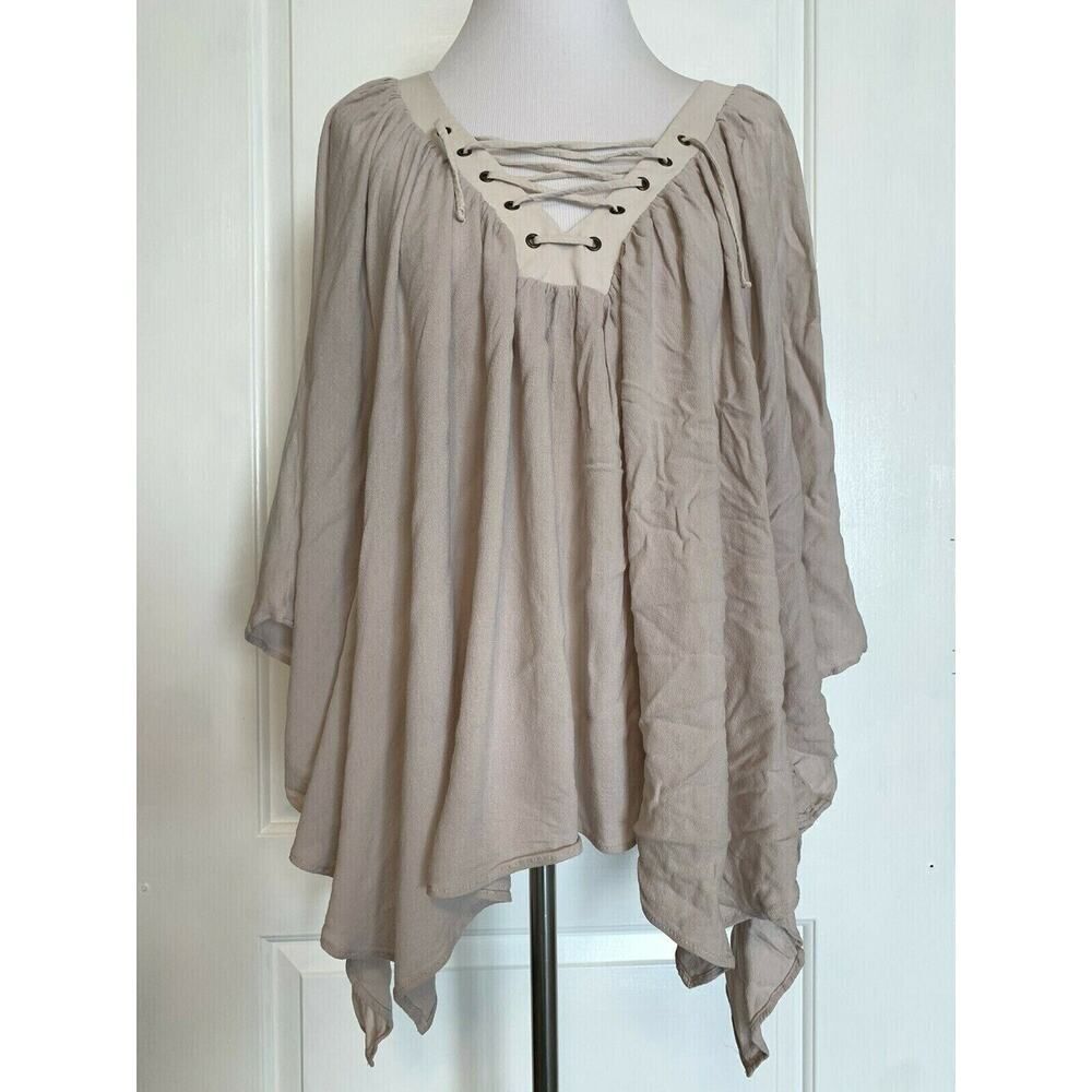ELLA MOSS Beige Boho Poncho Top Lace Up V Neck Drape Flowy Rayon Designer M